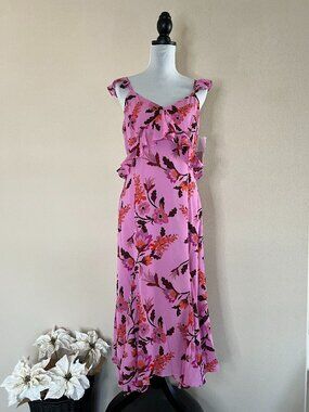 Chelsea28 Annie Floral Print Ruffle Midi Dress - Purple Orange - Size M